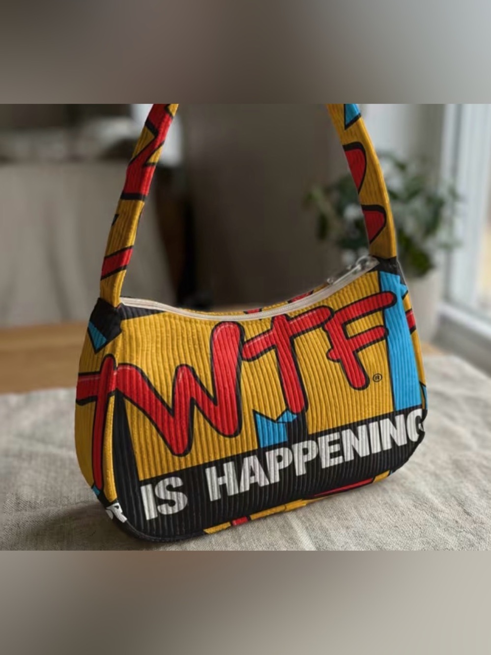 WTF Is Happening Yellow Graphic Shoulder Bag